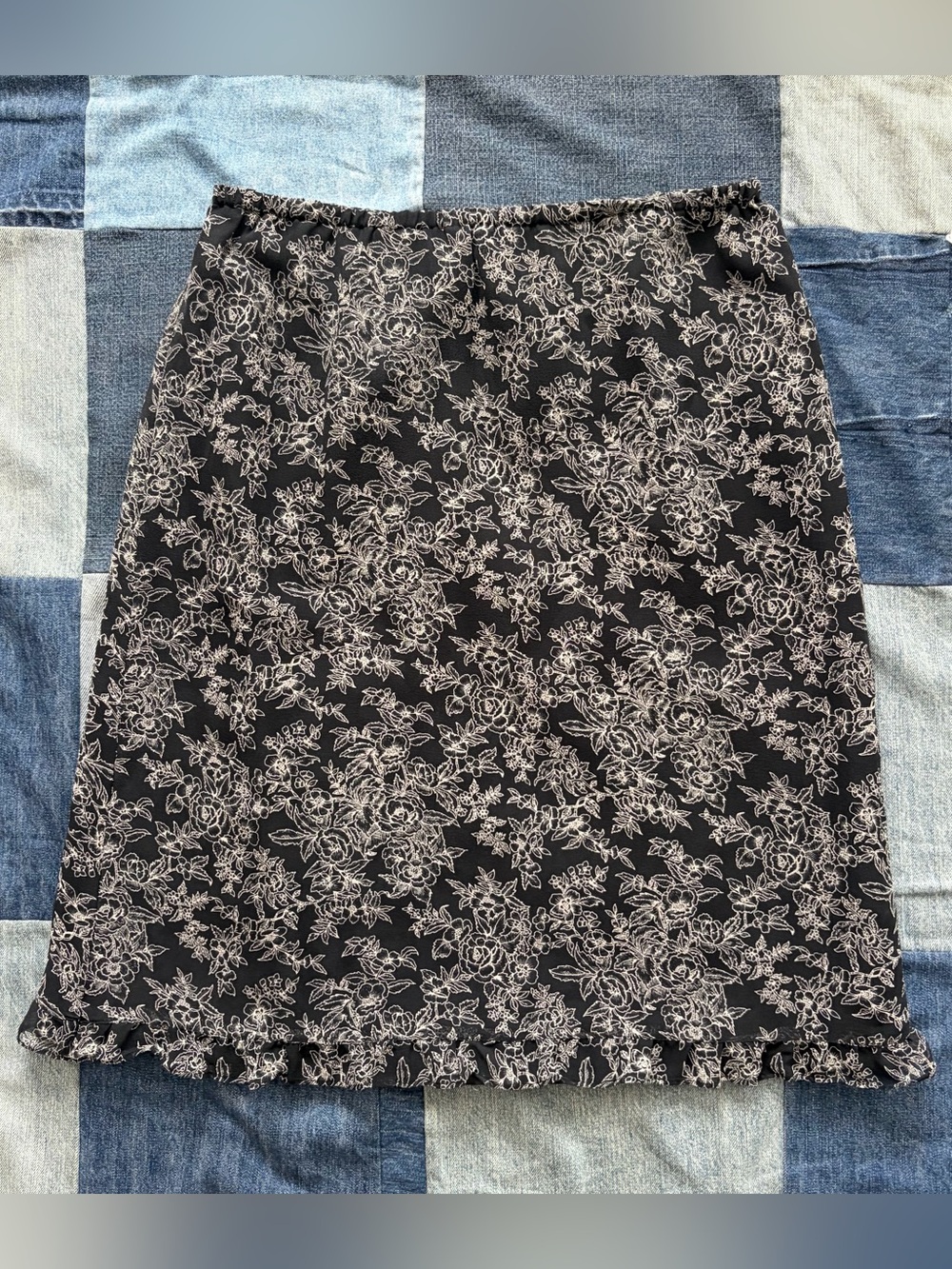 vintage 90s 100% silk new york city design co skirt ruffle black cream floral M